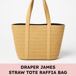 Draper James straw tote raffia shoulder bag navy lining natural tan